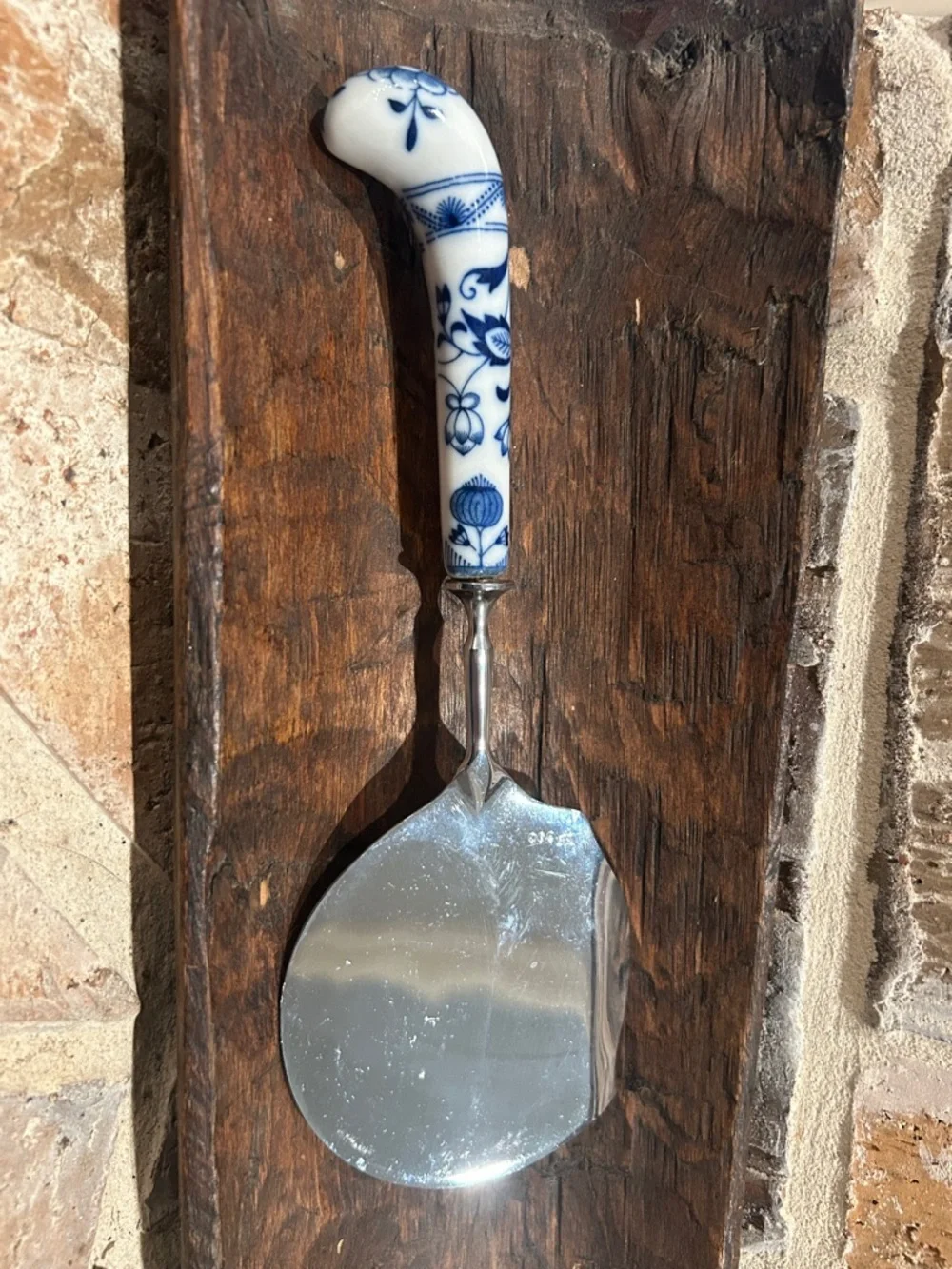 Vintage PS Co. Silver Plated Blue & White Floral Porcelain Handle Cake Server